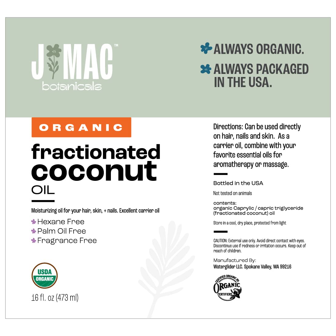 J MAC BOTANICALS Huile Coco Fractinee, produit fabriqué aux États‑Unis et certifié biologique.