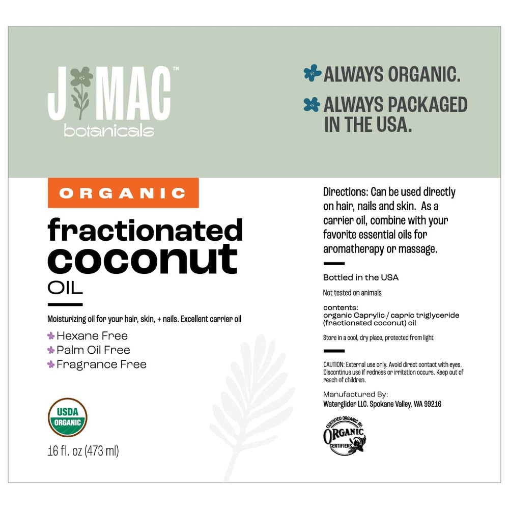 J MAC BOTANICALS Huile Coco Fractinee, produit fabriqué aux États‑Unis et certifié biologique.