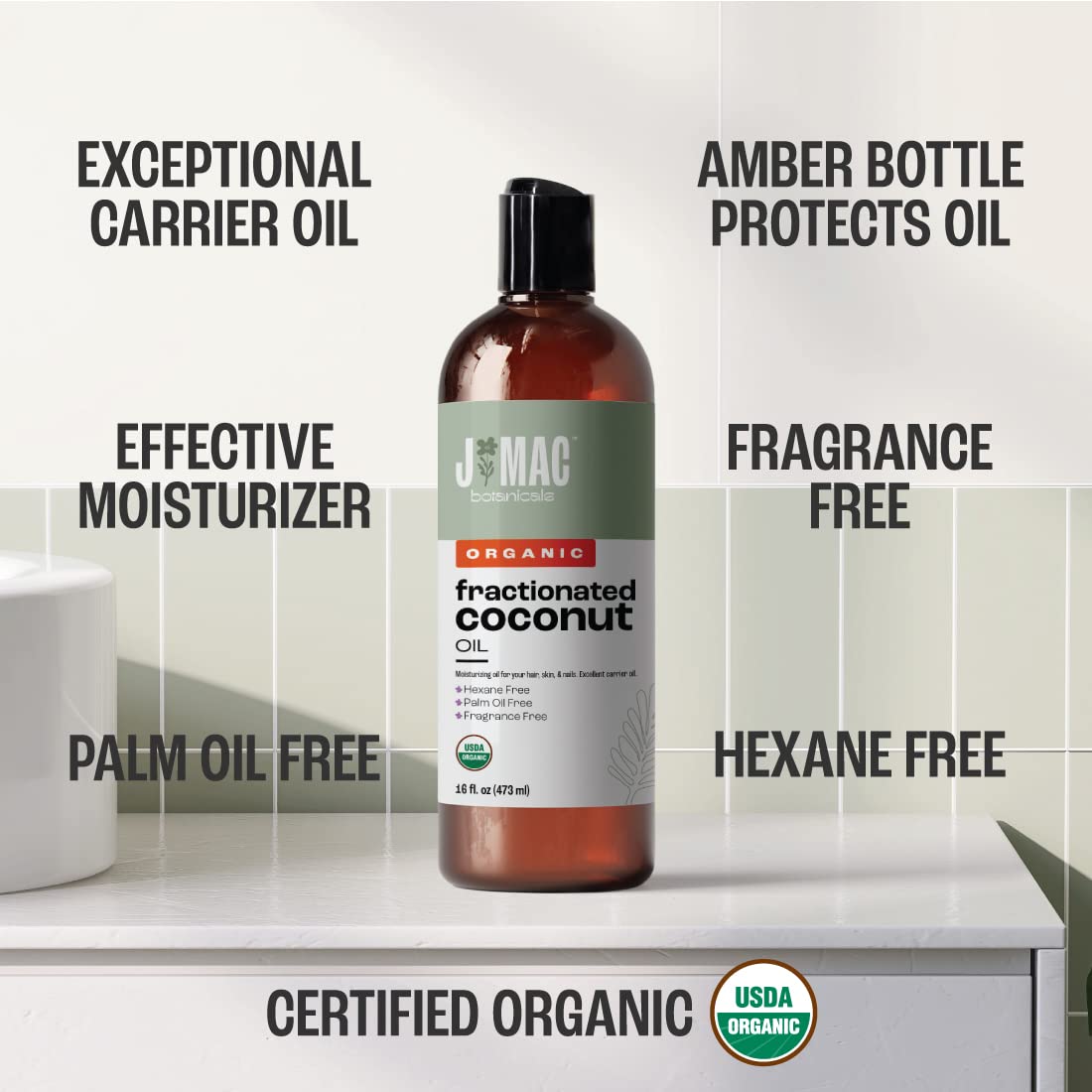 J MAC BOTANICALS Huile Coco Fractinee, bouteille 32 onces, huile porteuse idéale pour massage.