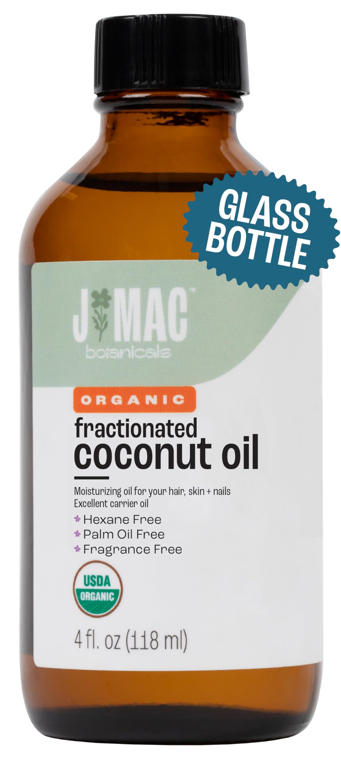 J MAC BOTANICALS huile coco fractionnée – bouteille-verre 4oz, hydratation légère pour peau et cheveux.