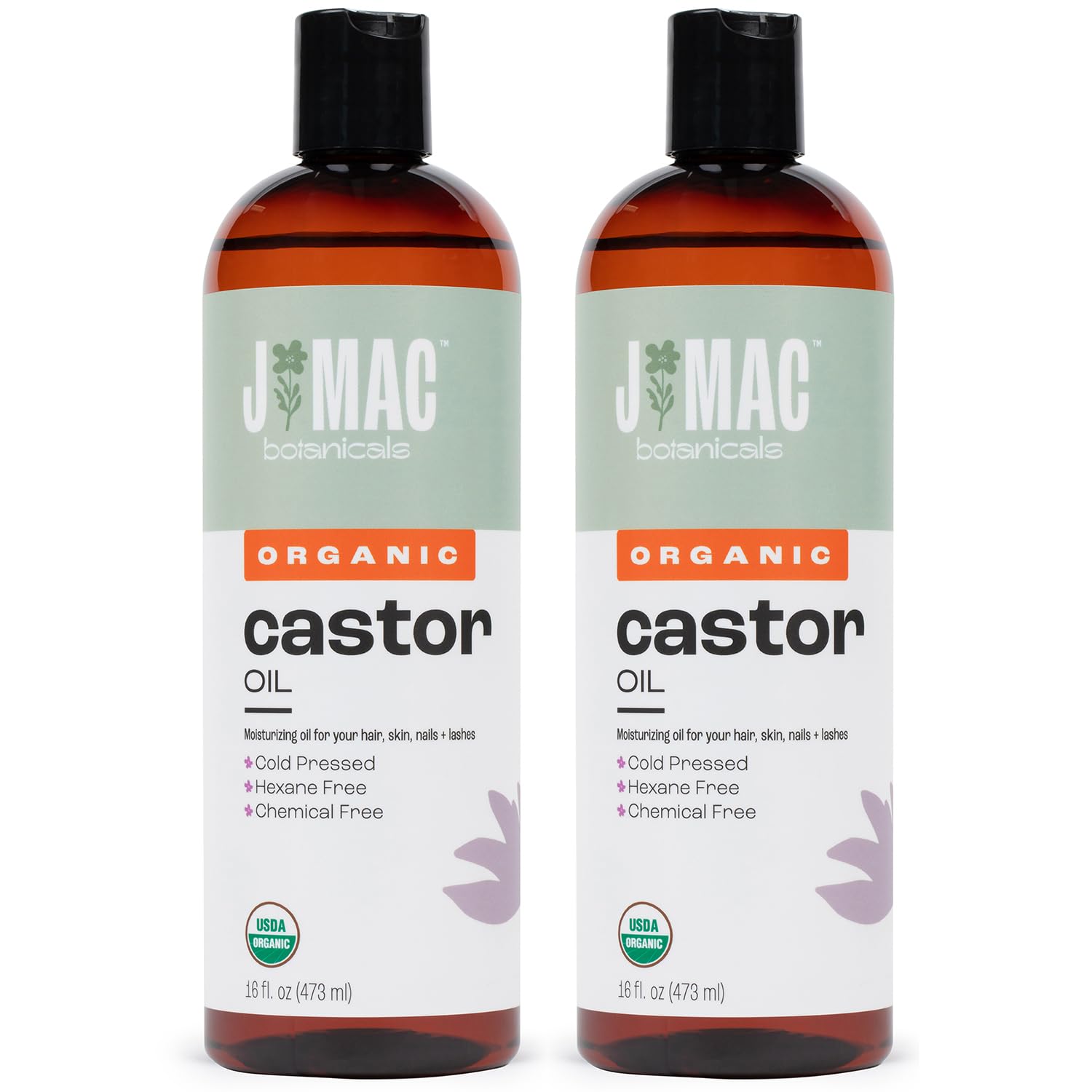 Huile de ricin biologique J Mac Botanicals dans deux flacons, prêt pour usage quotidien.