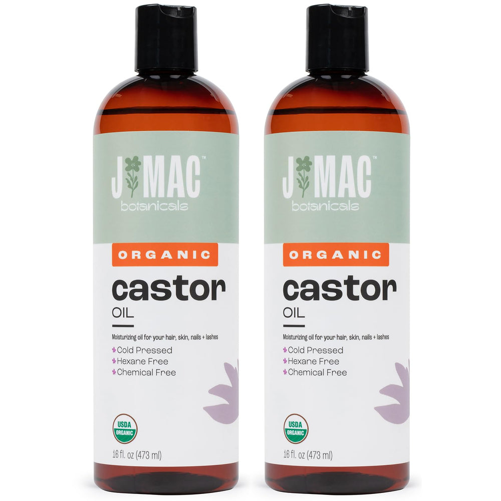 Huile de ricin biologique J Mac Botanicals dans deux flacons, prêt pour usage quotidien.