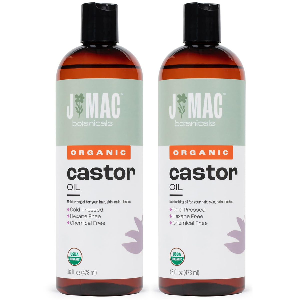 Huile de ricin biologique J Mac Botanicals dans deux flacons, prêt pour usage quotidien.