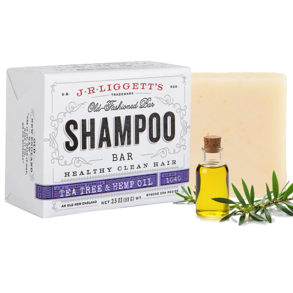 J.R.LIGGETT'S Shampoing solide arbre-à-thé, plan rapproché, produit naturel sans sulfates.