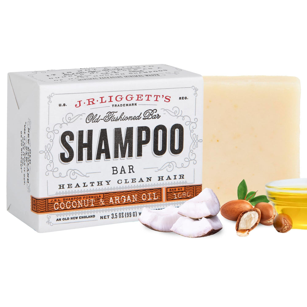 Shampooing solide J·R·LIGGETT’S coco-argan : cheveux propres et brillants.