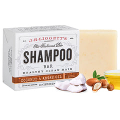 Shampooing solide J·R·LIGGETT’S coco-argan : cheveux propres et brillants.