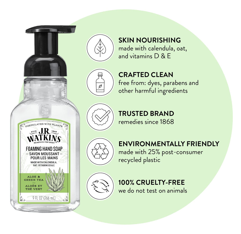 Flacon de savon mains mousse J.R. Watkins, parfum Aloe Thé Vert, utilisation quotidienne.