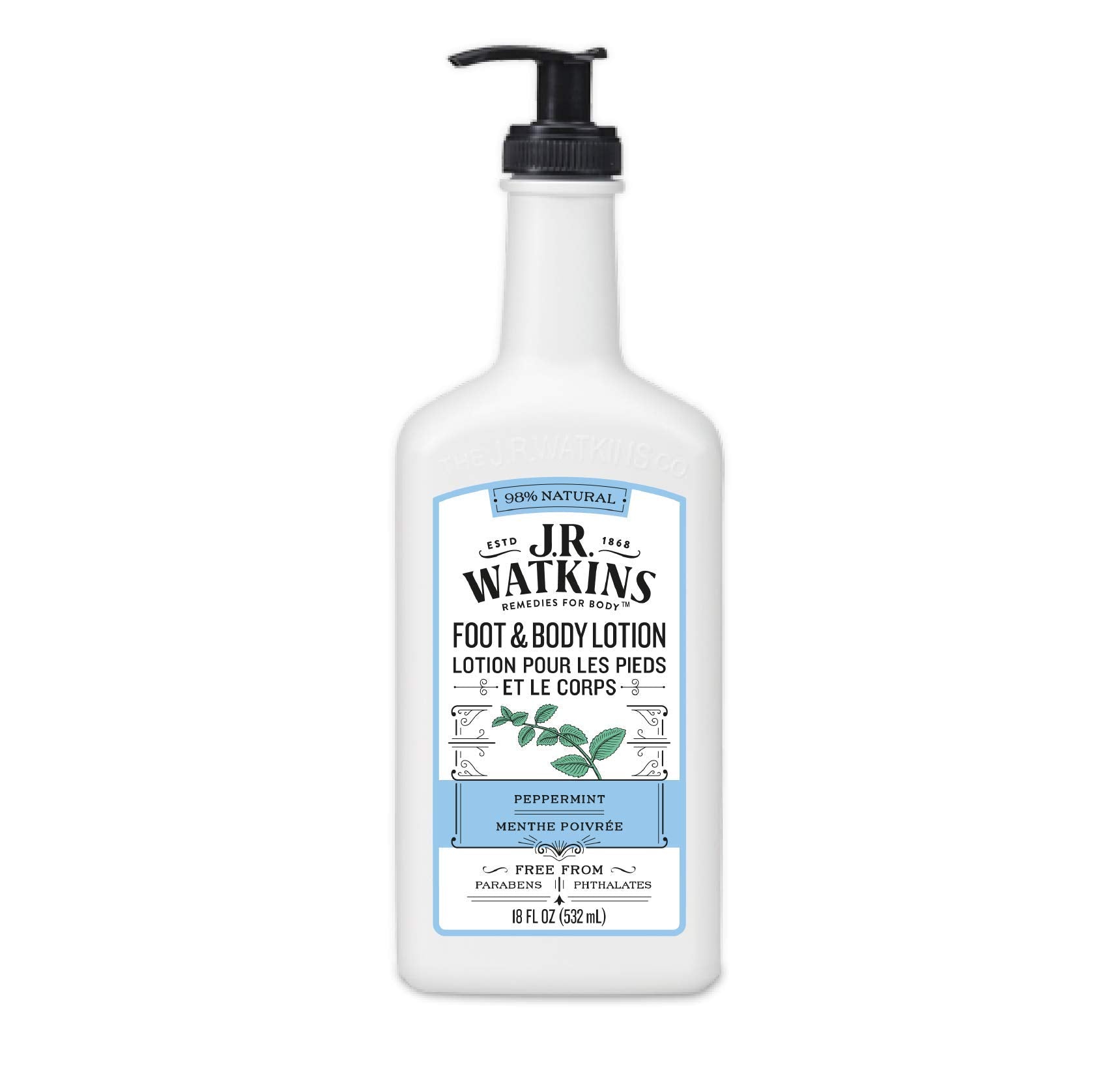 Lotion J.R. Watkins pieds et corps à la menthe, flacon rafraîchissant prêt à l’emploi.