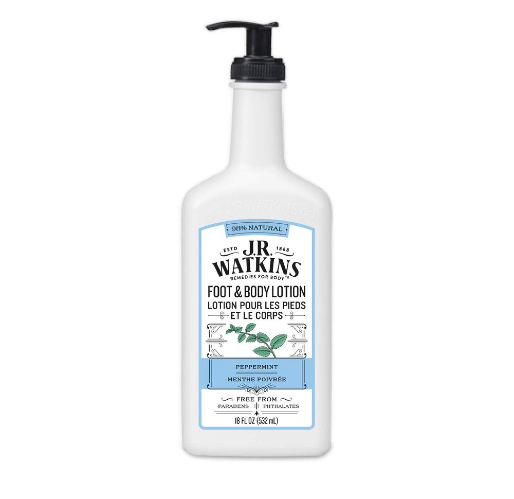 Lotion J.R. Watkins pieds et corps à la menthe, flacon rafraîchissant prêt à l’emploi.