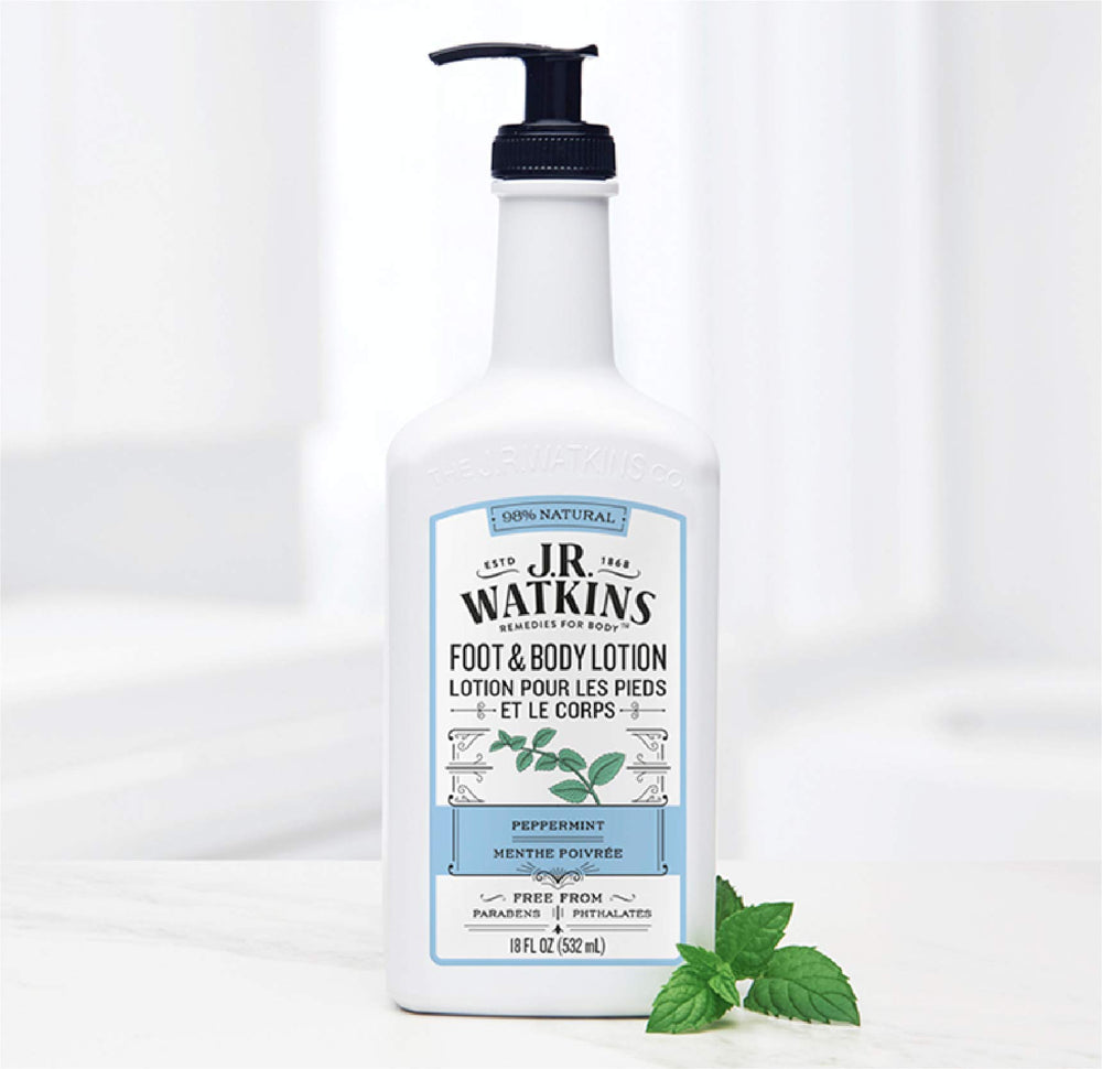 Lotion menthe de J.R. Watkins, massage des mollets pour une fraîcheur délicate.