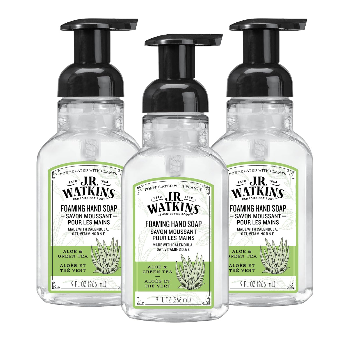 Savon moussant J.R. Watkins avec pompe Aloe et Thé Vert hydrate doucement les mains.