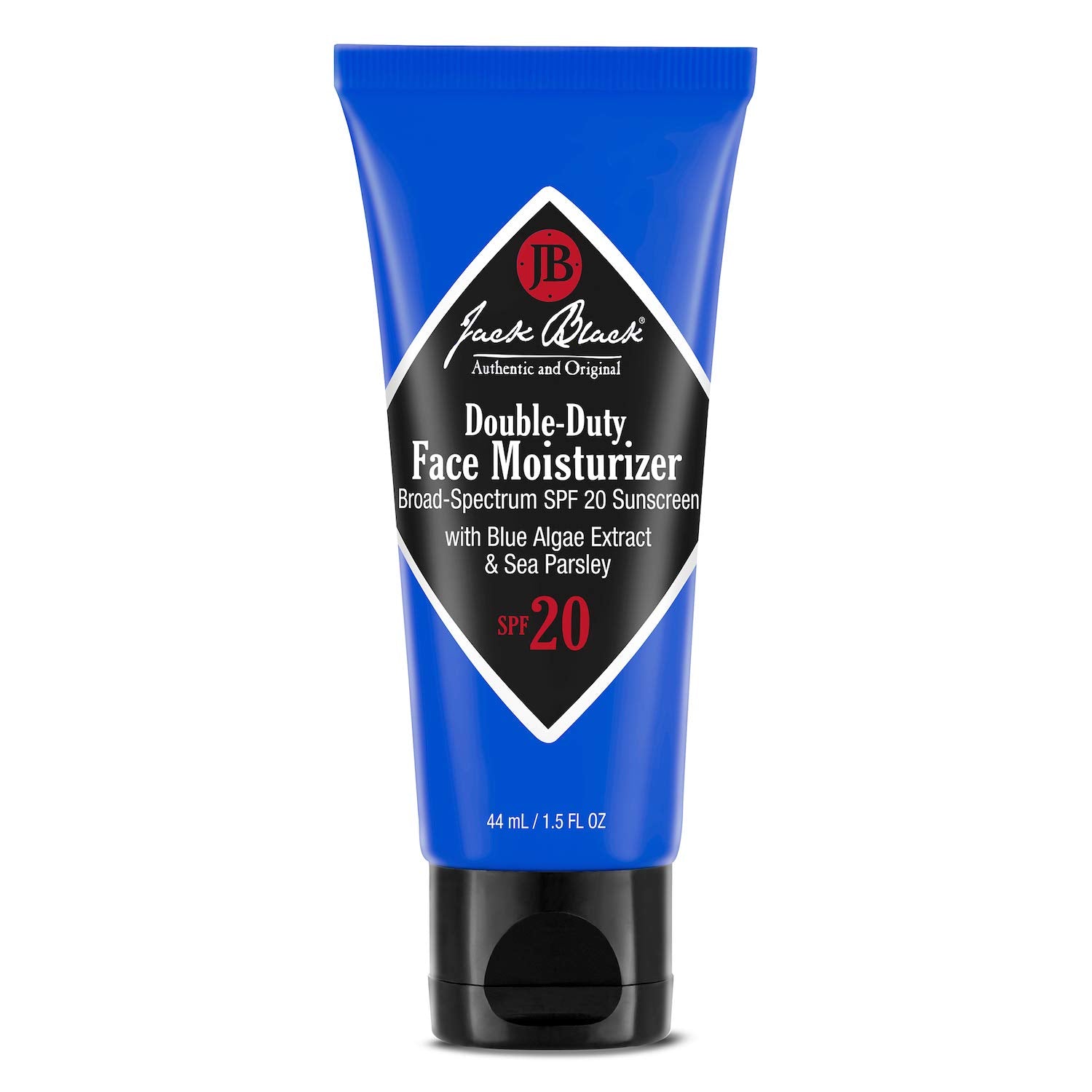 Jack Black Double-Duty: flacon-pompe montrant hydratation et SPF 20