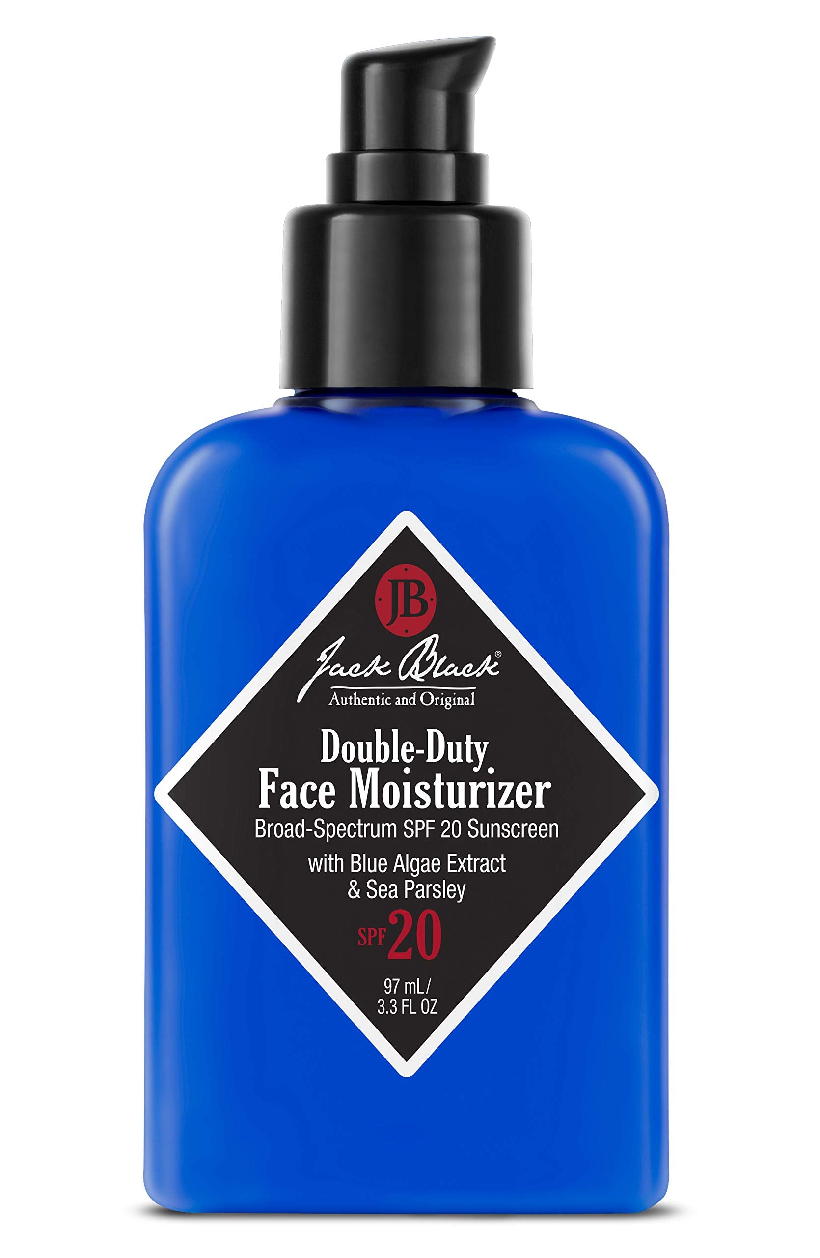 Jack Black Double-Duty Face Moisturizer SPF 20 en bouteille, hydratation durable et protection solaire