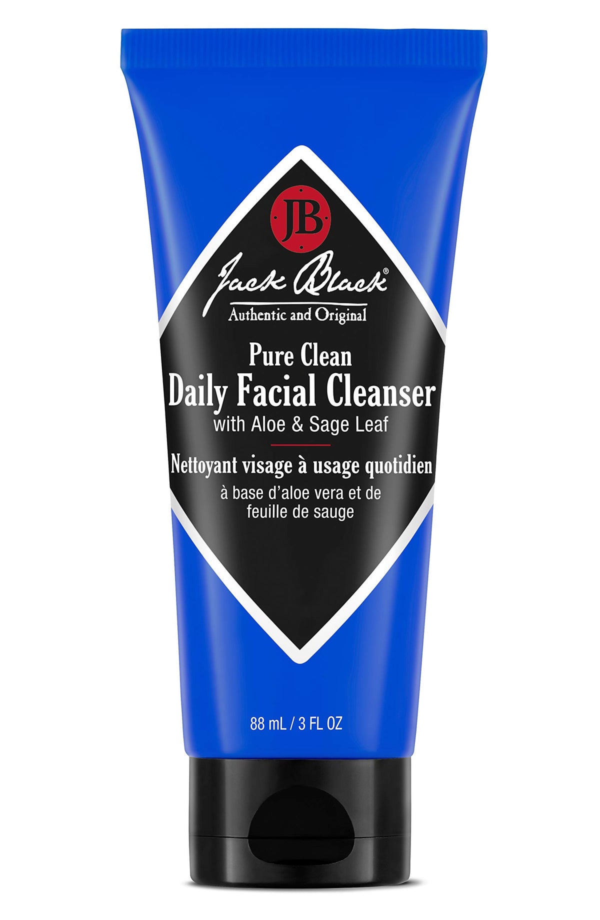 Marque Jack Black: nettoyant visage et tonique quotidien, design de la bouteille, peau prête au rasage.