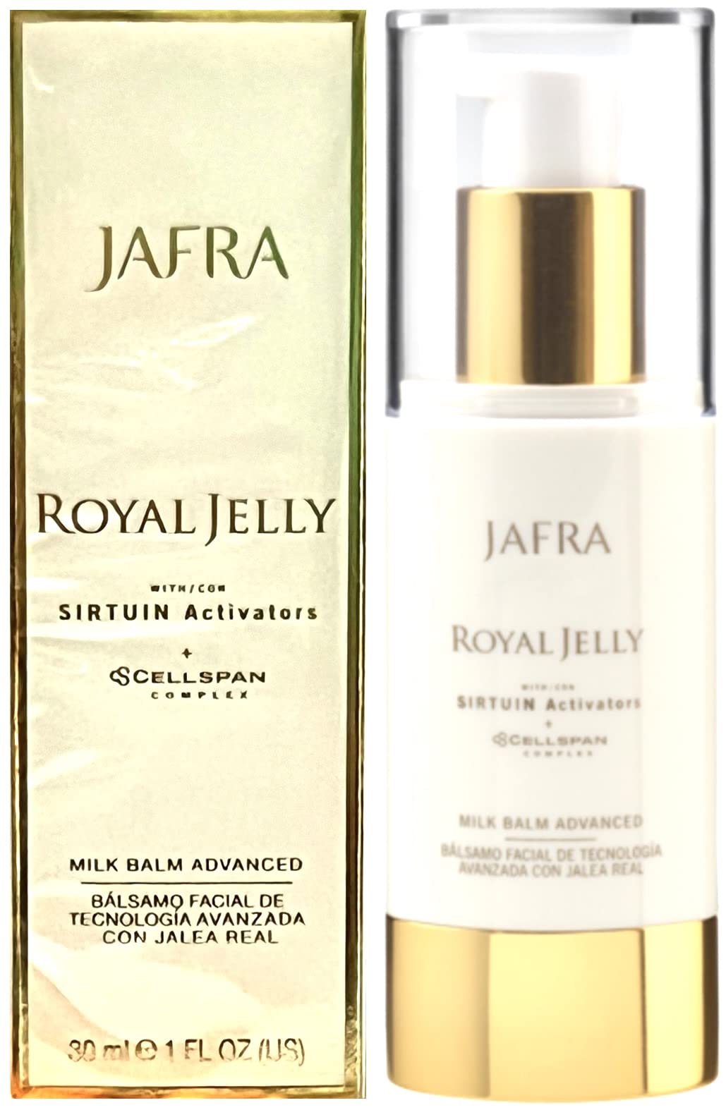 JAFRA Gelee Royale Baume Lait Visage 1oz, flacon luxueux prêt pour hydratation rapide.