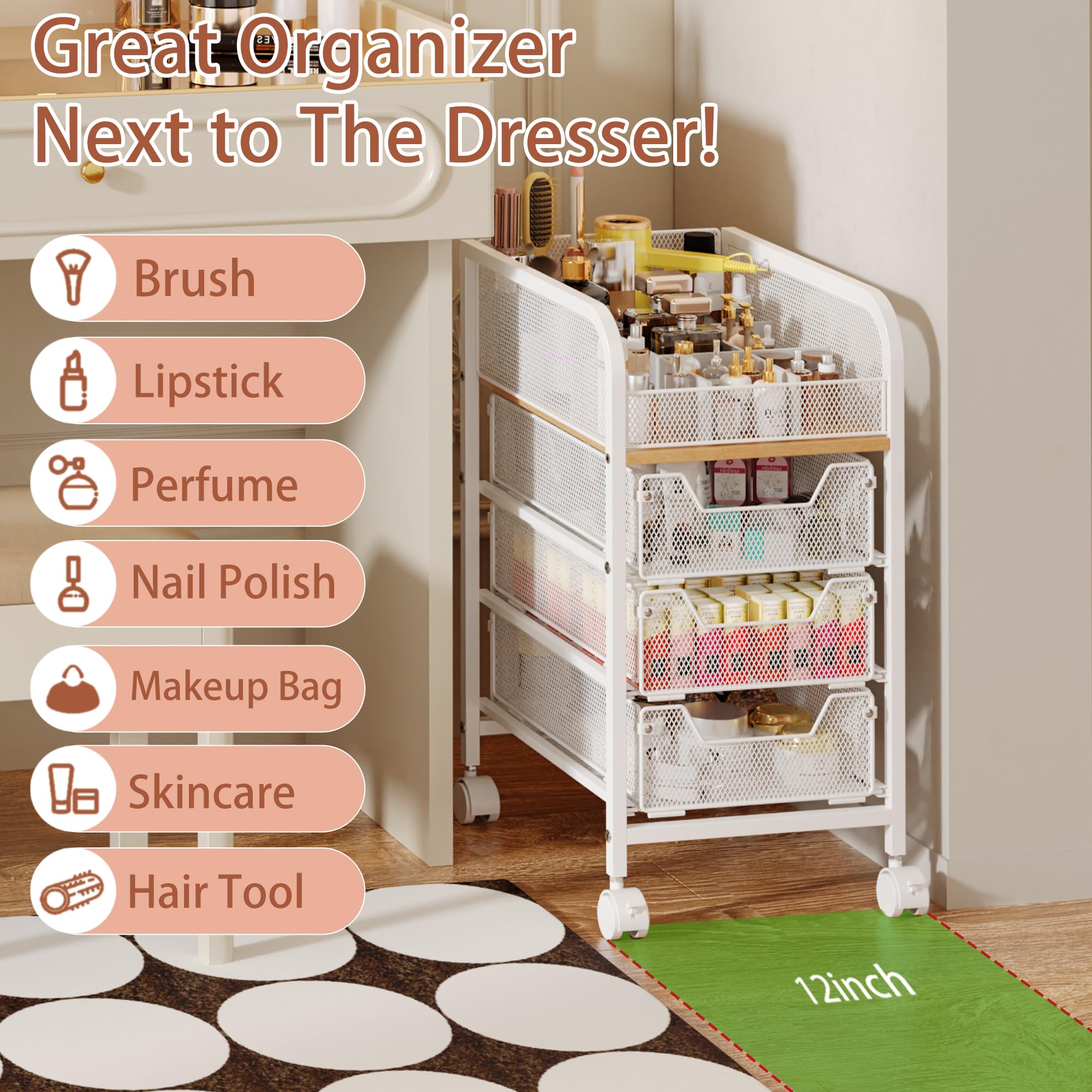 Chariot-maquillage Jakyitvi emplacement sous vanity pour gain de place.