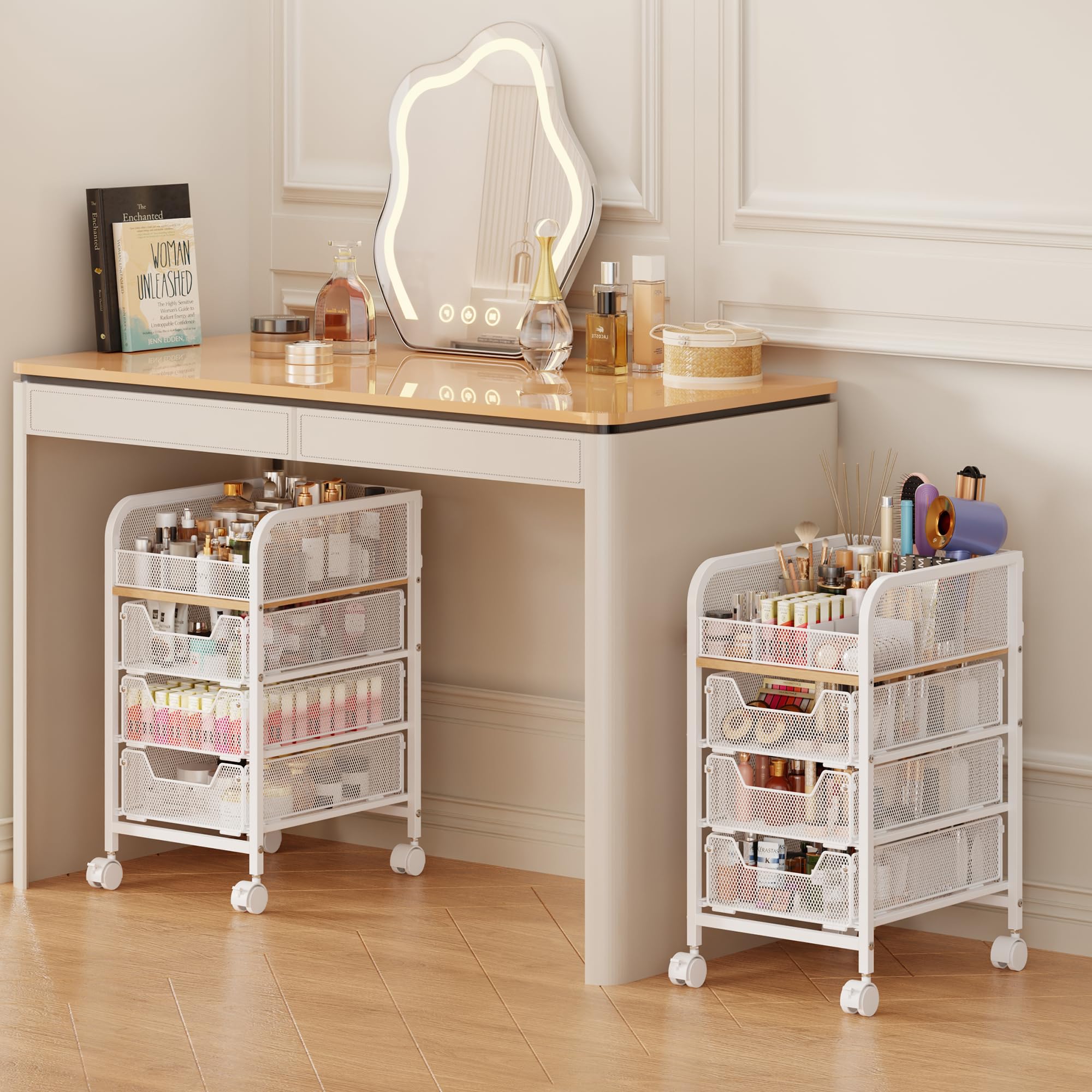 Chariot maquillage Jakyitvi roulant, ensemble blanc, rangement accessible.