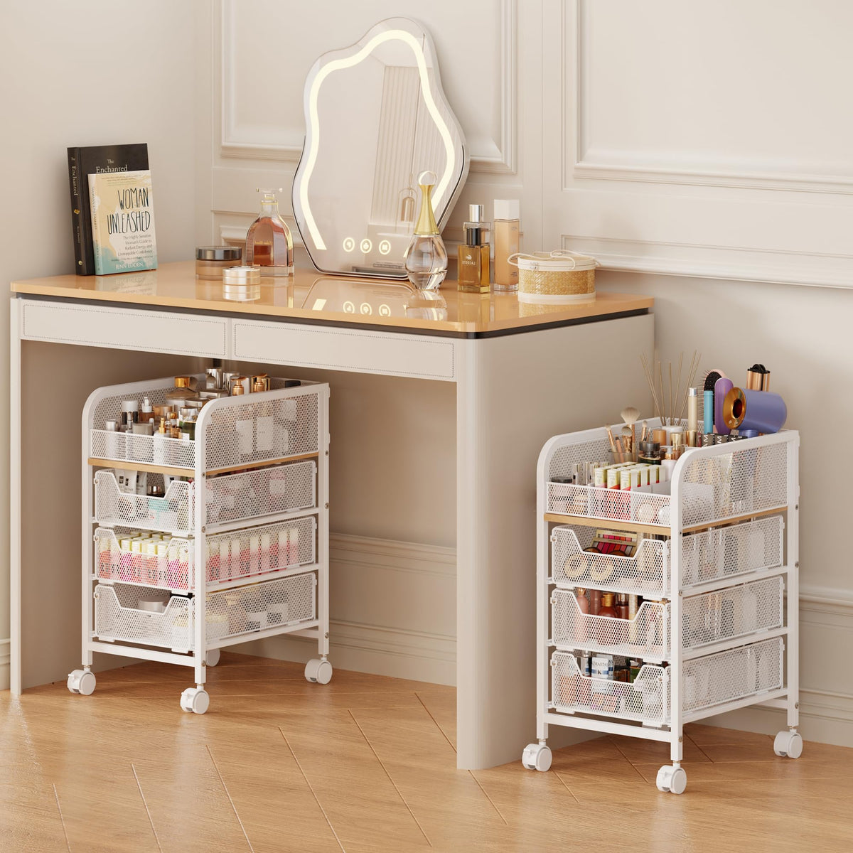 Chariot maquillage Jakyitvi roulant, ensemble blanc, rangement accessible.