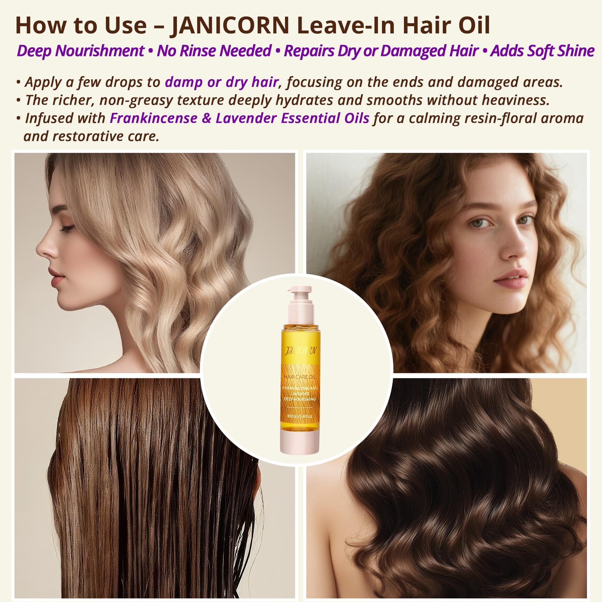 JANICORN Soin cheveux anti-frisottis – contrôle des mèches rebelles avant coiffage.