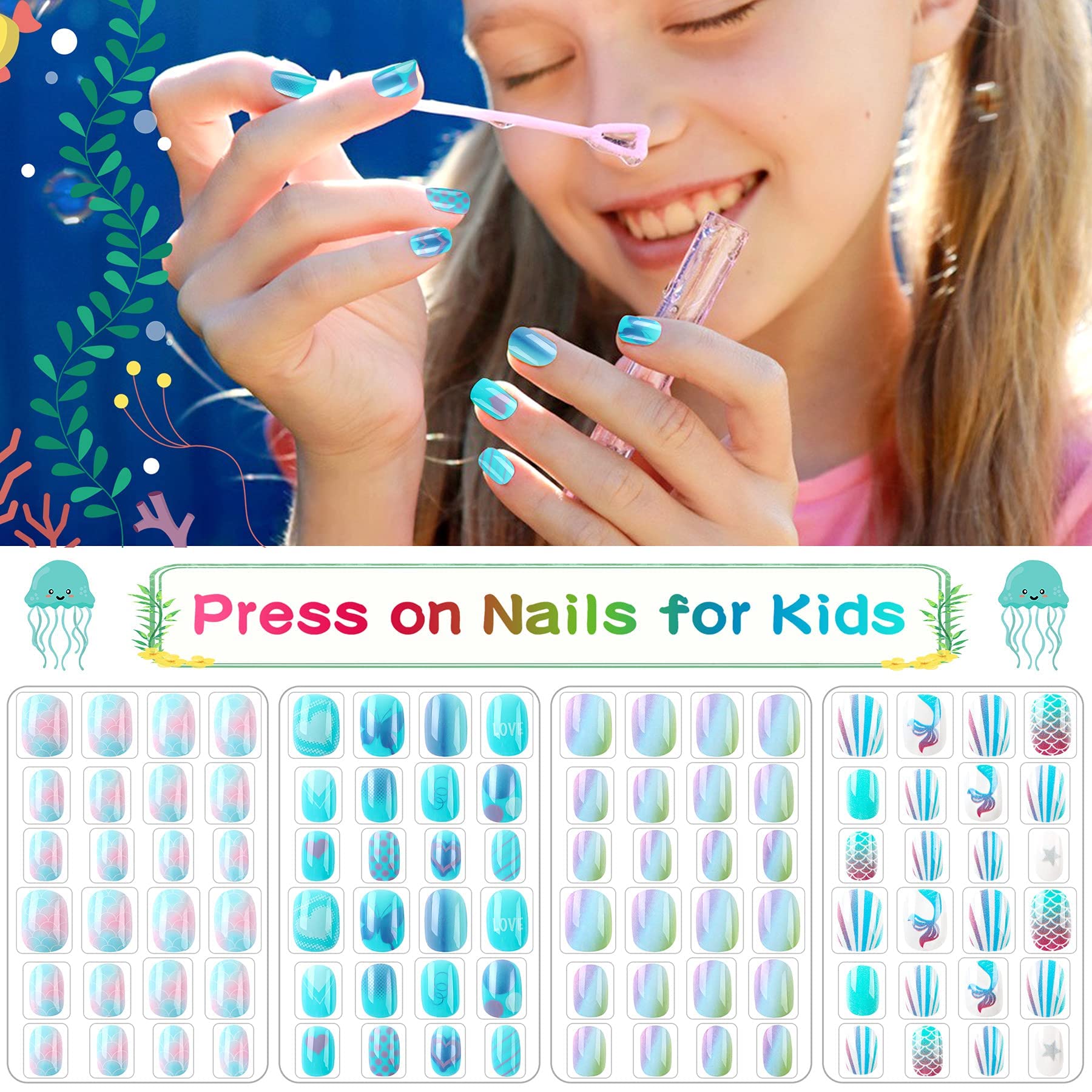Ongles JANYUN motifs variés bleu: diversité pour mini artistes
