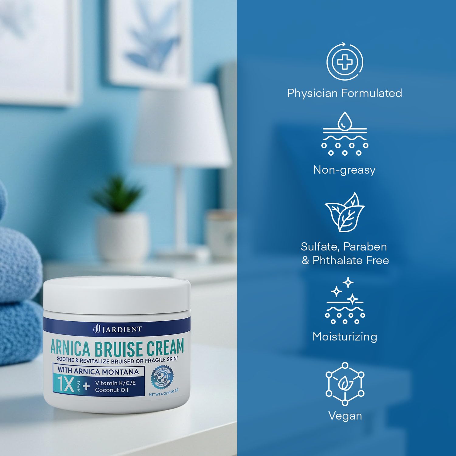 Jardient Arnica Crème texture légère, absorption rapide sans gras.