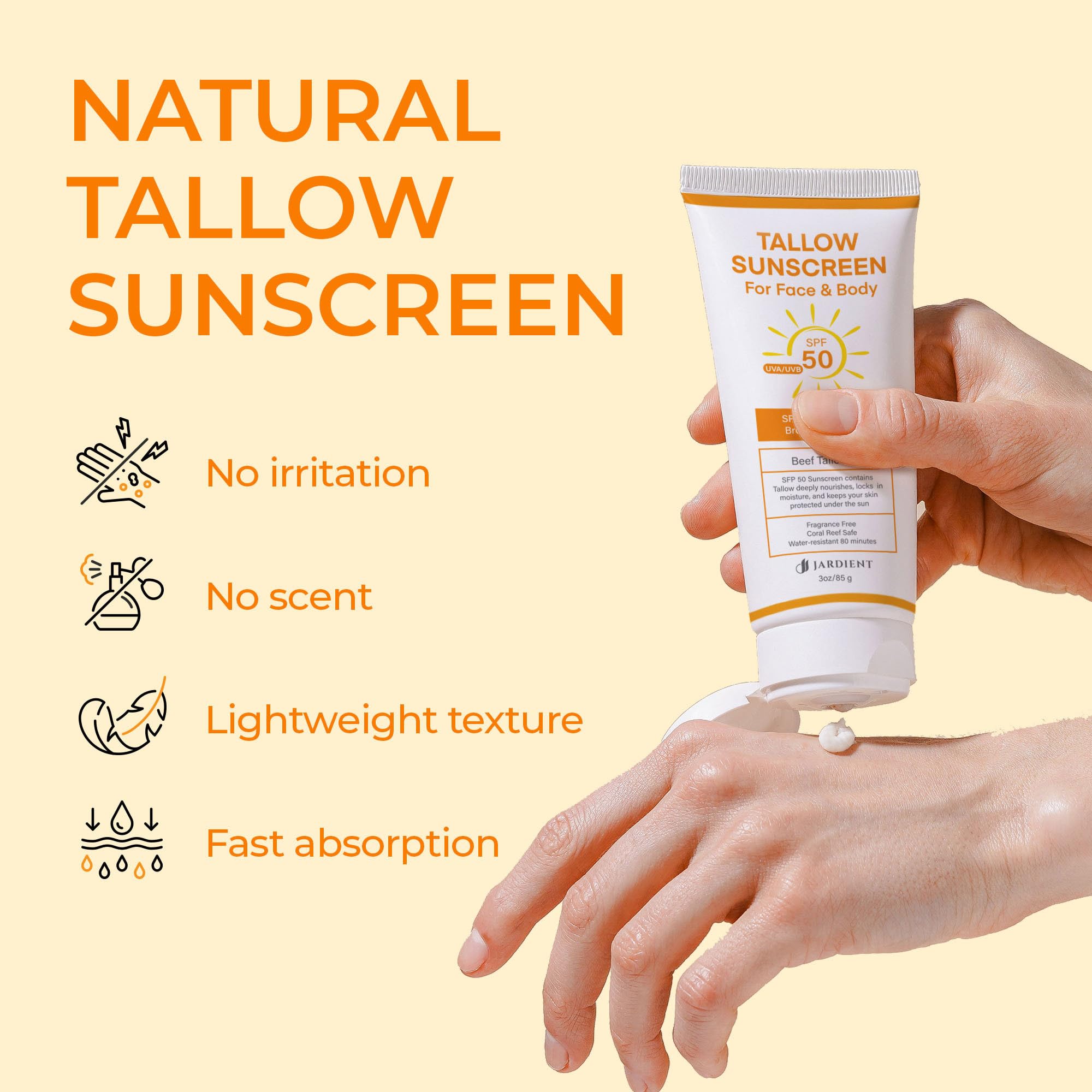 Jardient Beef Tallow Sunscreen SPF 50 application on hand for easy coverage.