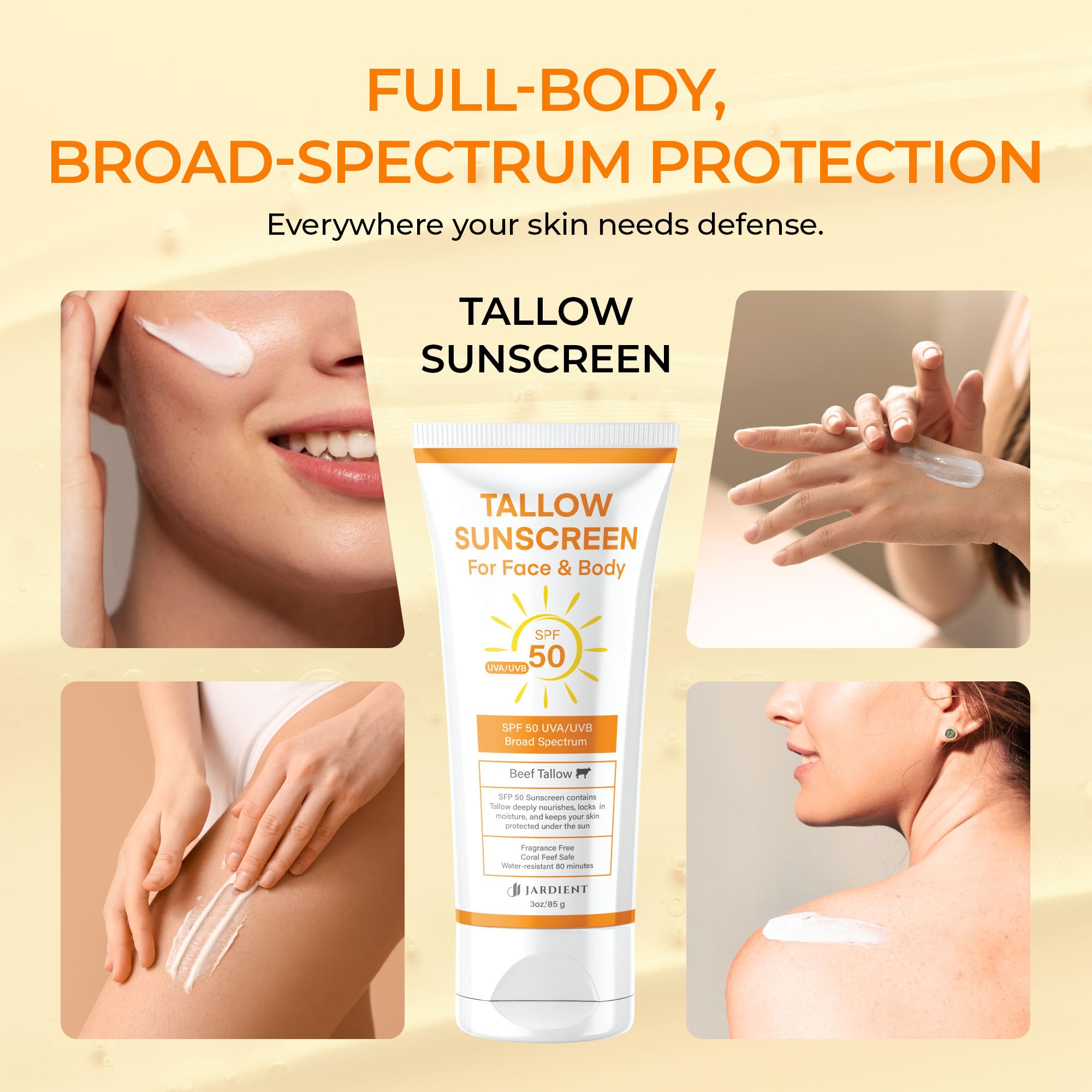Jardient Beef Tallow Sunscreen SPF 50 family-safe formula suitable for kids and adults.