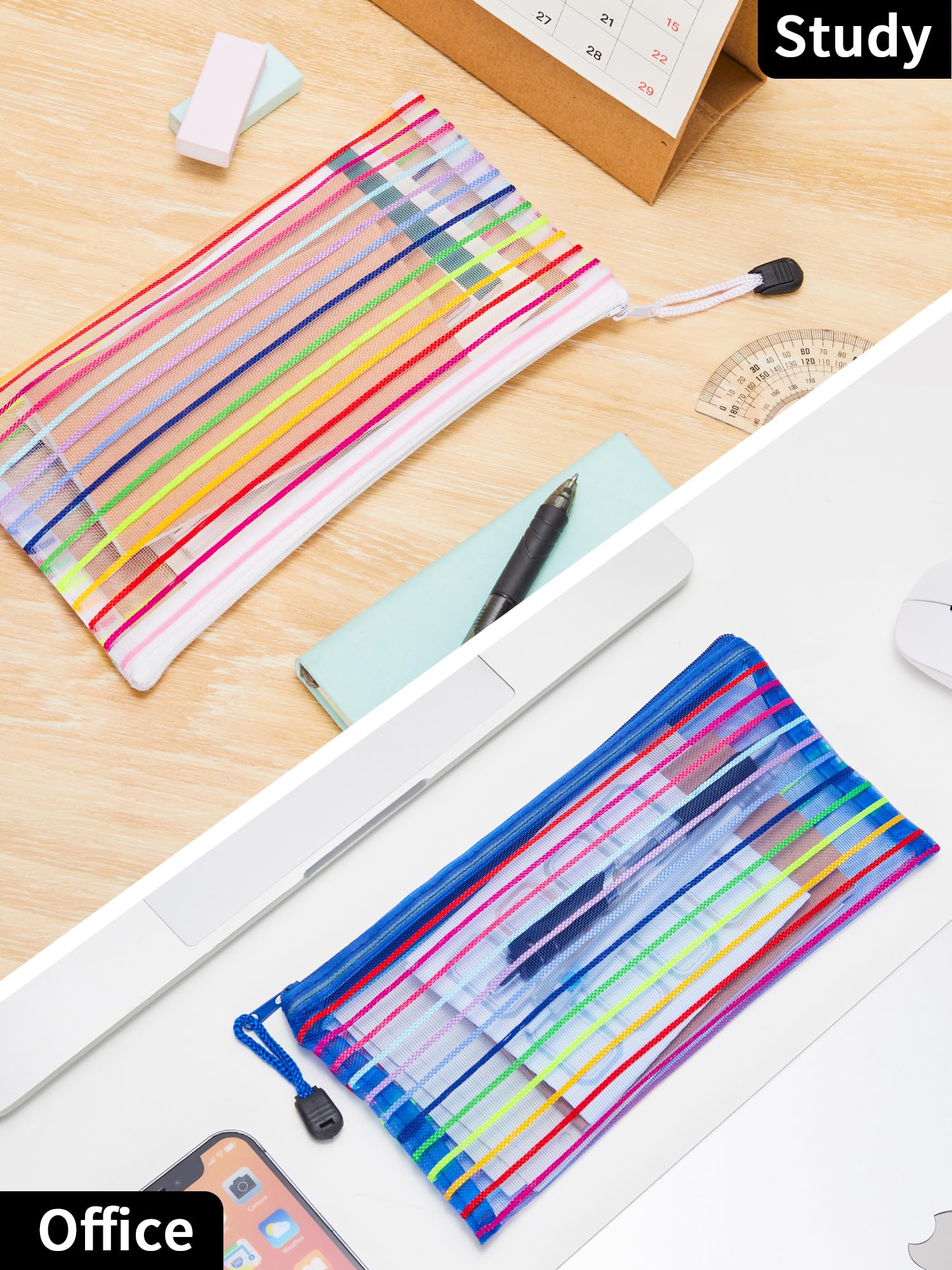 Trousse mesh JarLink bleu, parfaite pour cosmétiques et accessoires en déplacement.