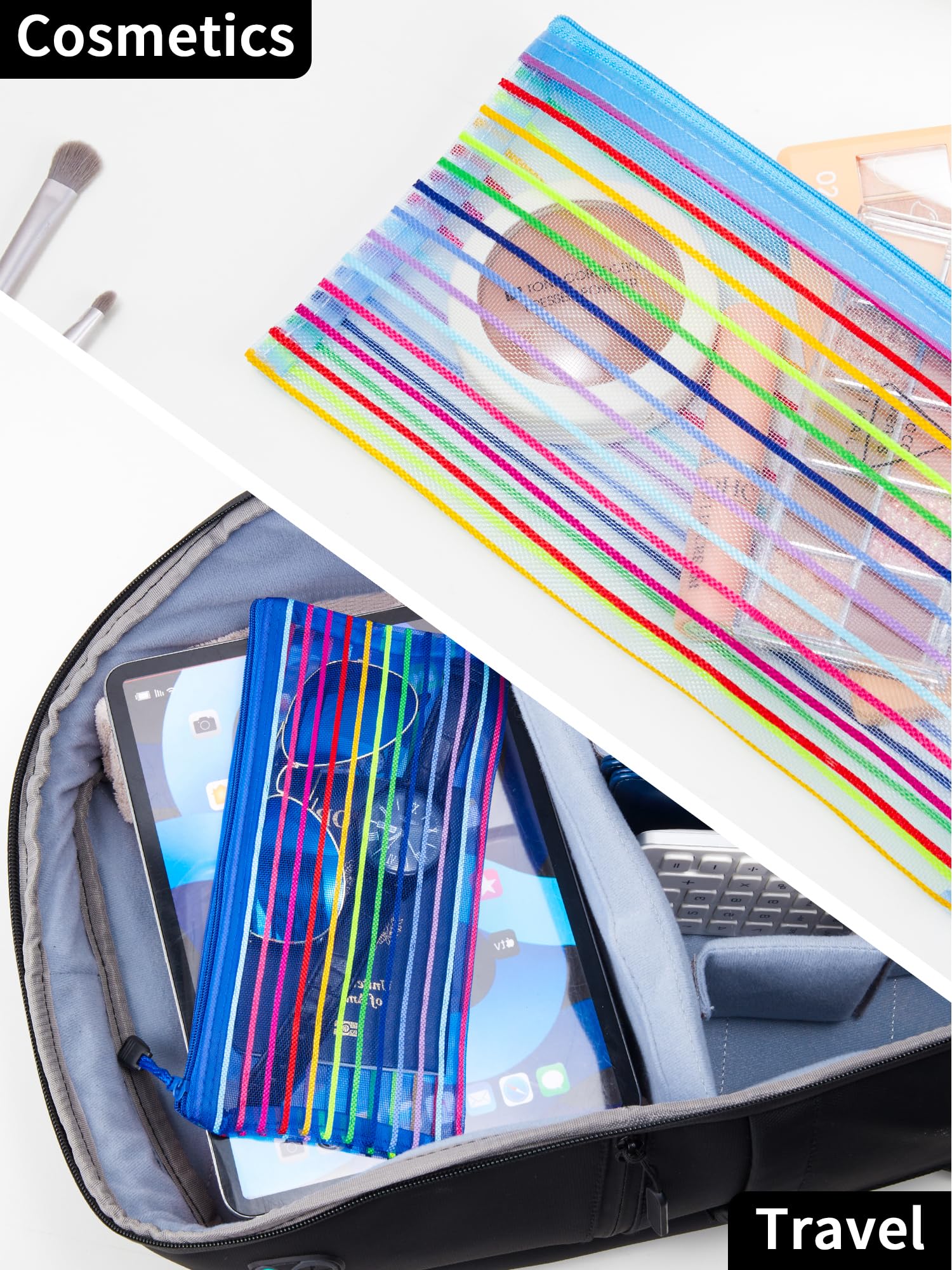 Trousse mesh JarLink bleu clair, visualisation rapide du contenu.
