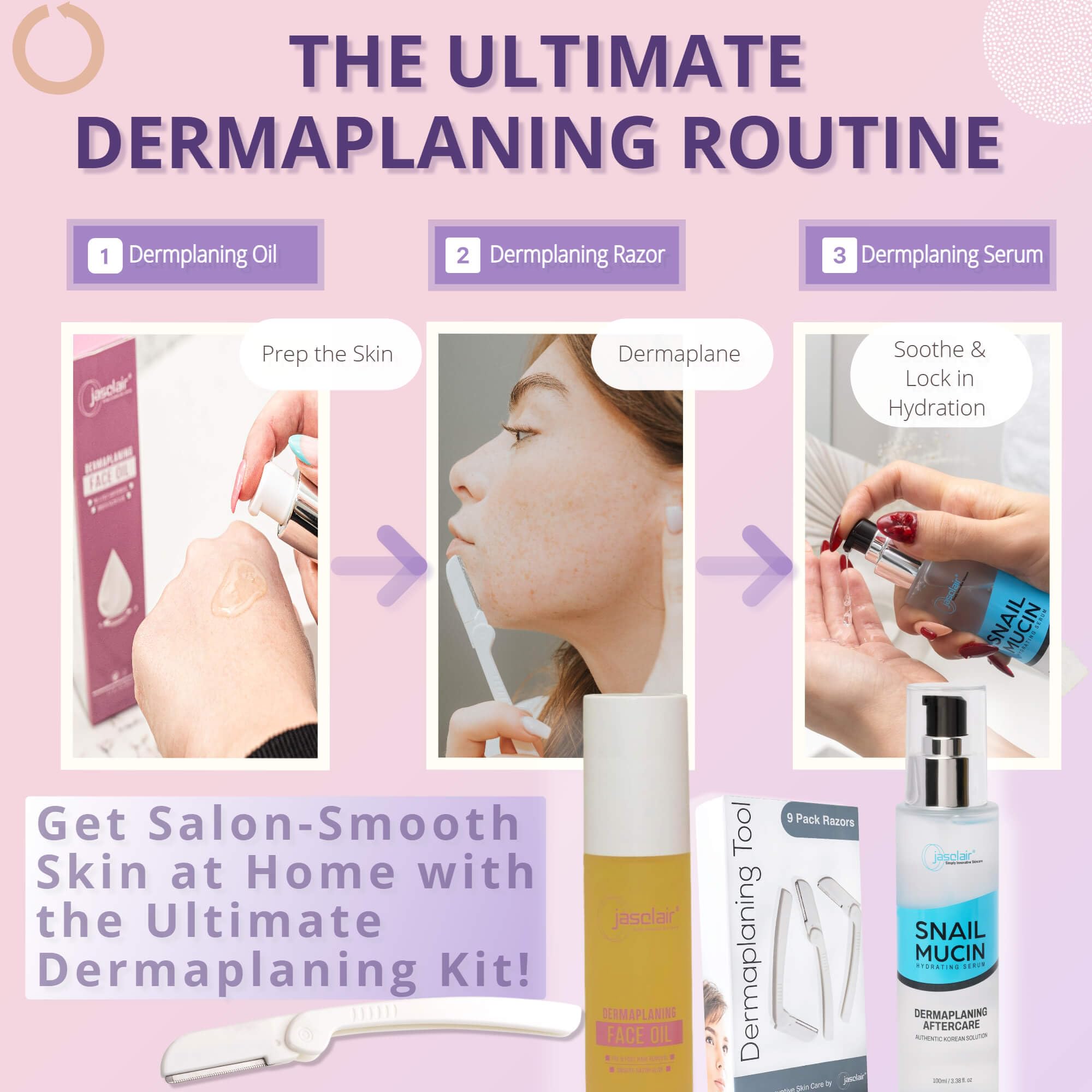 Jasclair Dermaplaning Oil: utilisation quotidienne sur visage et cou.