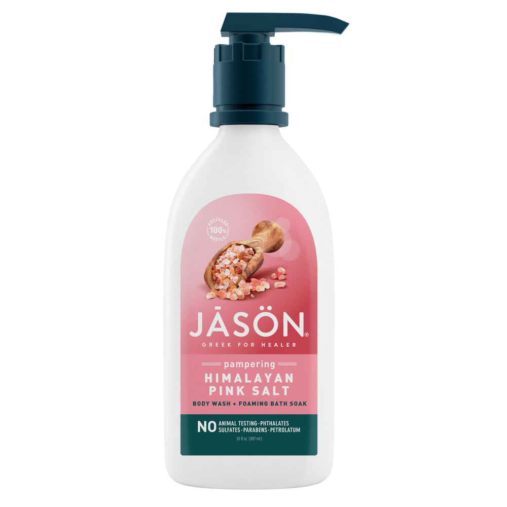 Gel douche JASON au sel rose Himalaya, bouteille élégante et peau douce.