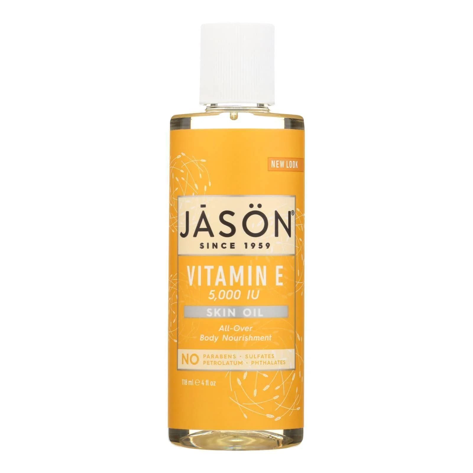 Huile vitamine E 5000 UI de JASON en flacon, nourrissante pour tout le corps.