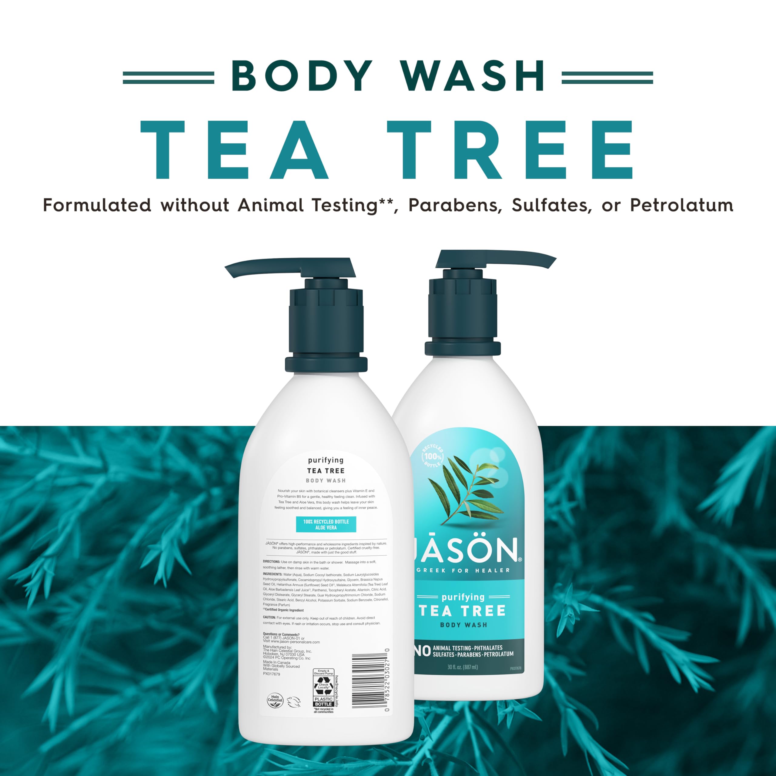 JASON gel douche purifiant à l’arbre à thé — emballage recyclé et respectueux de l’environnement.