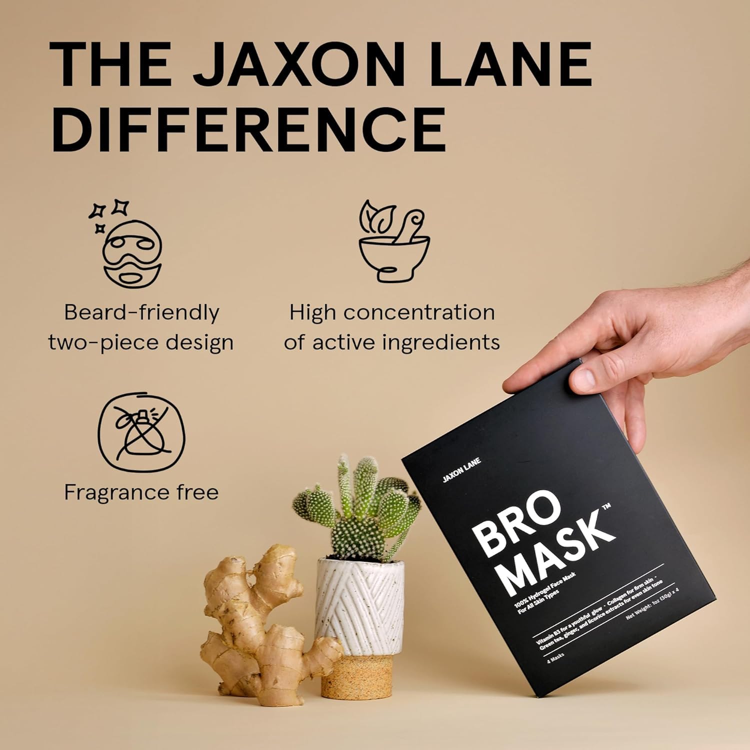 Masque JAXON LANE BRO avec acide hyaluronique hydratation durable.