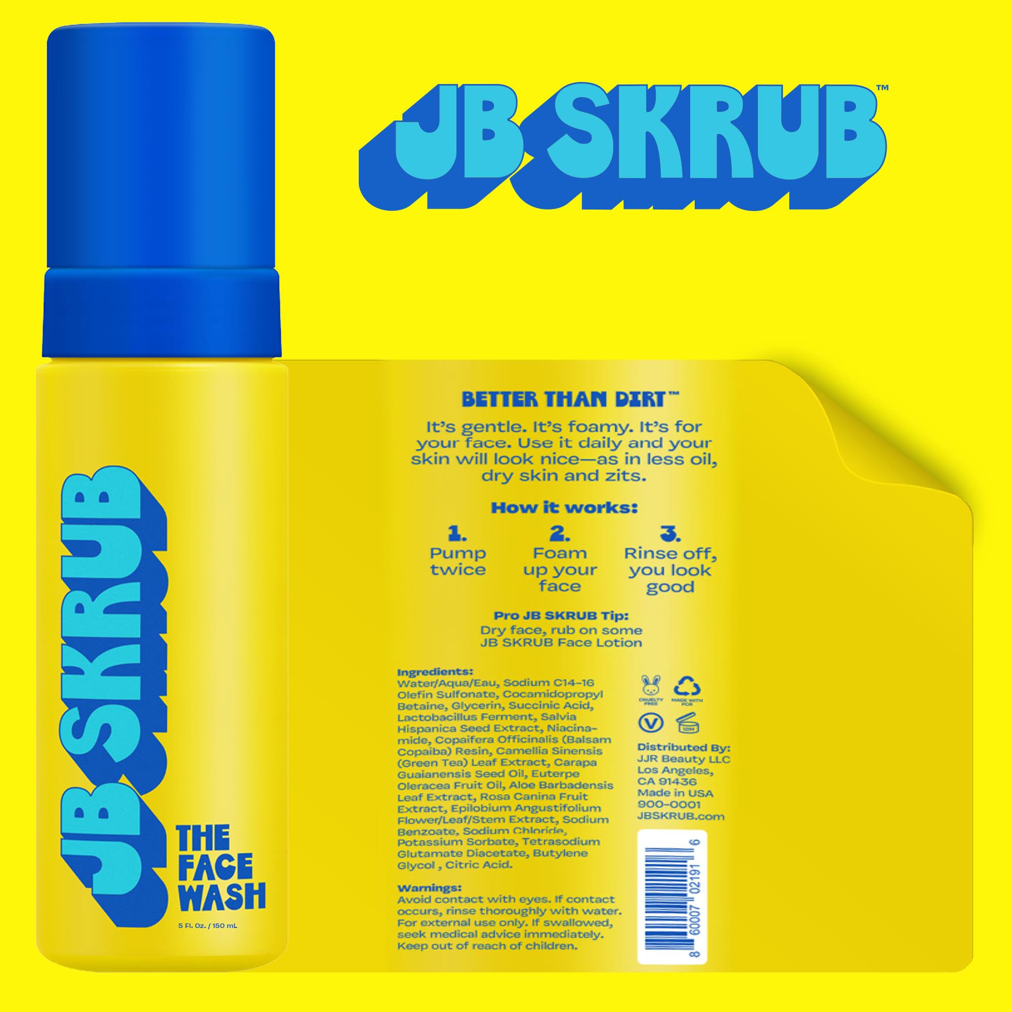 JB SKRUB nettoyant visage à l'aloé vera, apaise la peau sensible.