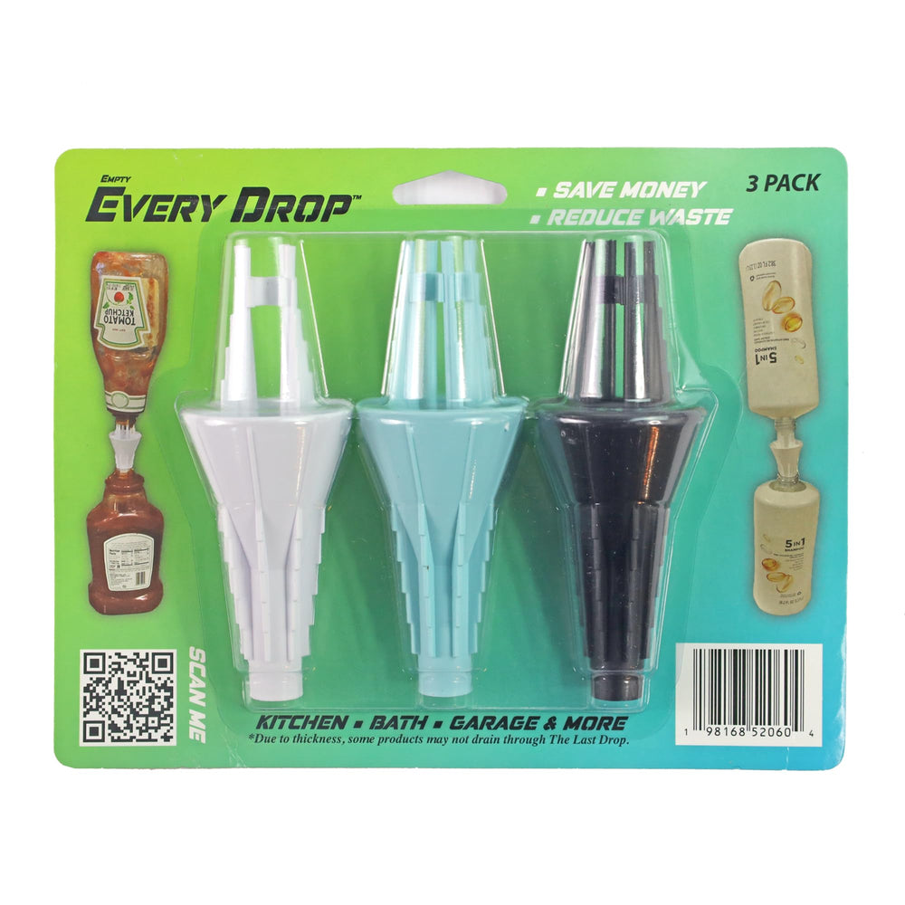 JCK Innovations Every Drop ensemble 3-pack sur plan de travail, démontrant l’économie des liquides.