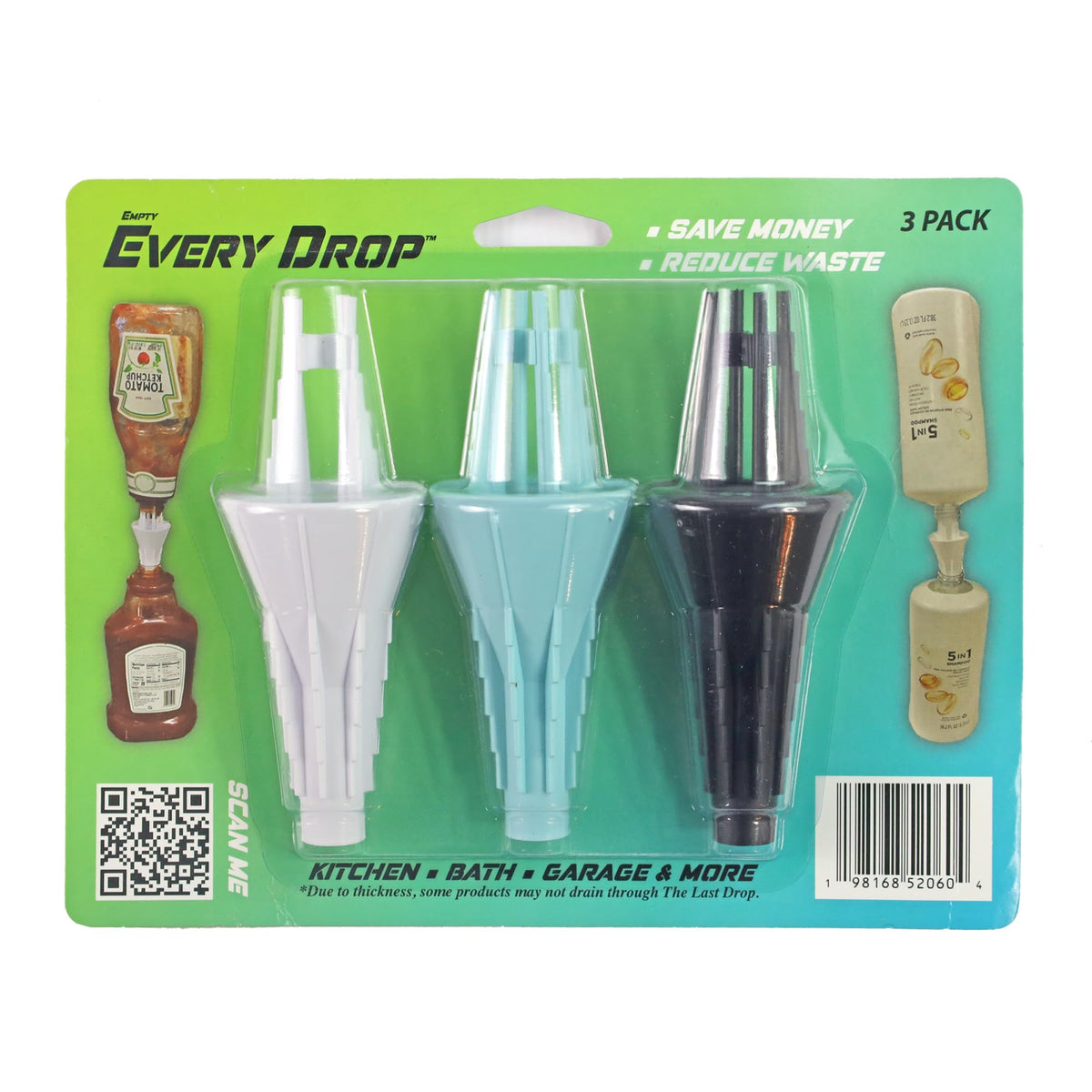 JCK Innovations Every Drop ensemble 3-pack sur plan de travail, démontrant l’économie des liquides.