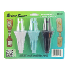 JCK Innovations Every Drop ensemble 3-pack sur plan de travail, démontrant l’économie des liquides.