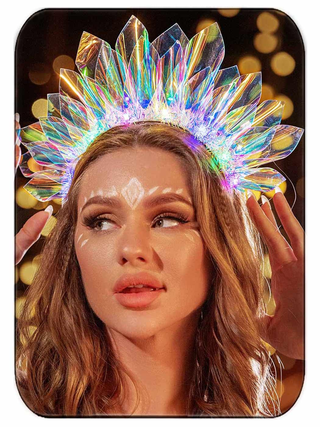 Couronne lumineuse JEAIRTS portée sur la tête, idéale pour attirer les regards lors des fêtes.