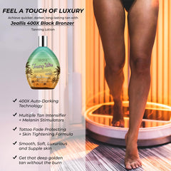 Jeallis Extreme Dark Tanning Lotion — application facile sur la peau et hydratation durable.