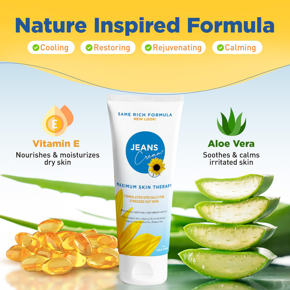 Jeans Cream appliquée sur peau sensible démontrant douceur et confort