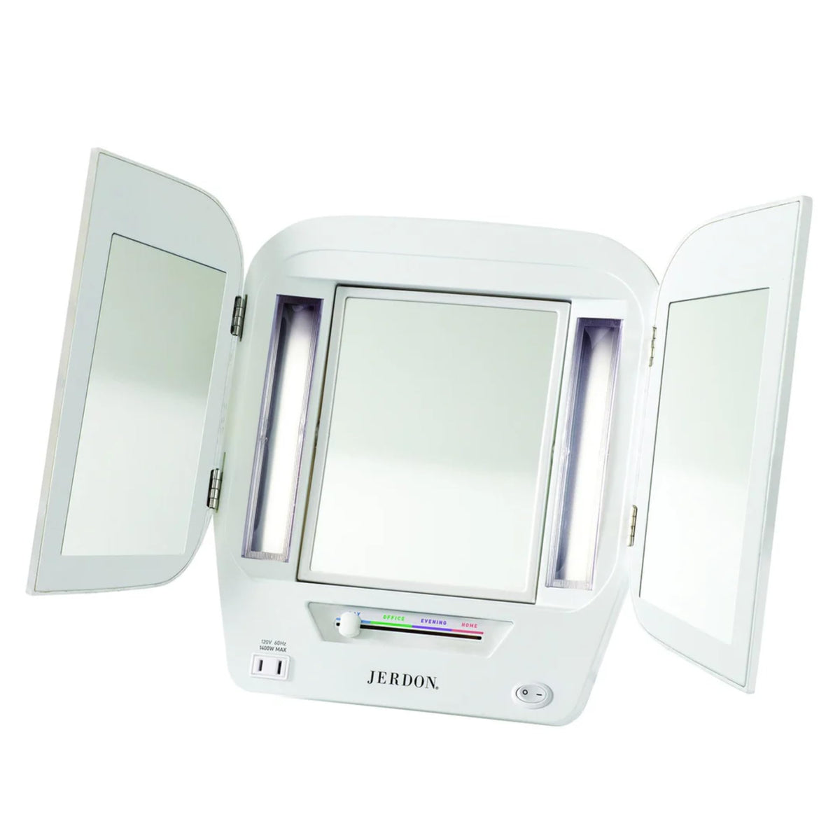 Miroir JERDON à trois volets avec lumière, pour un maquillage précis.