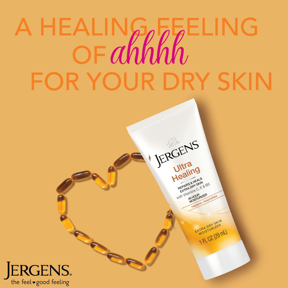 Jergens Ultra Healing mélange Hydralucence, texture et couleur du flacon.