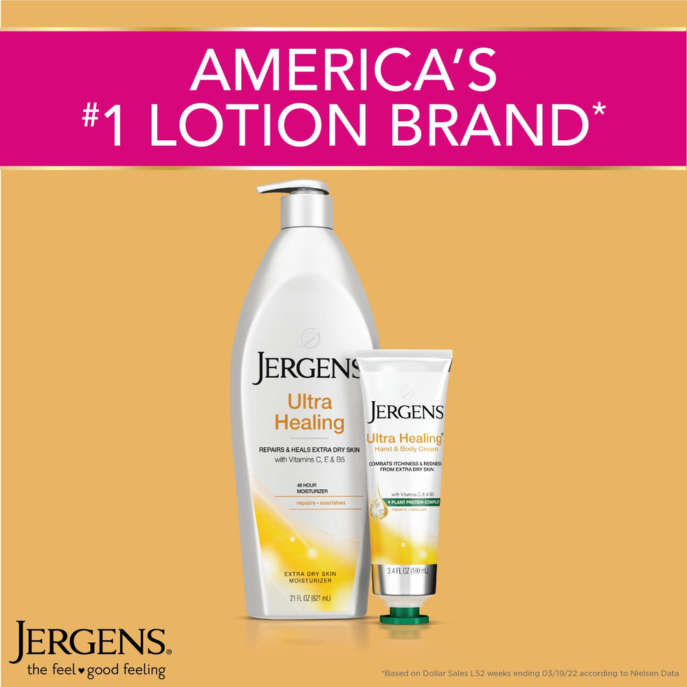 Jergens Ultra Healing parfum coco léger sur peau hydratée.
