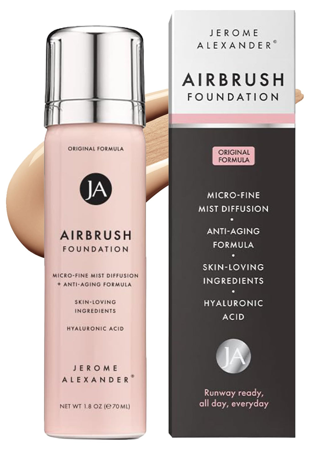 Jerome Alexander MagicMinerals AirBrush Foundation sur flacon, prêt à l’emploi pour une application facile.