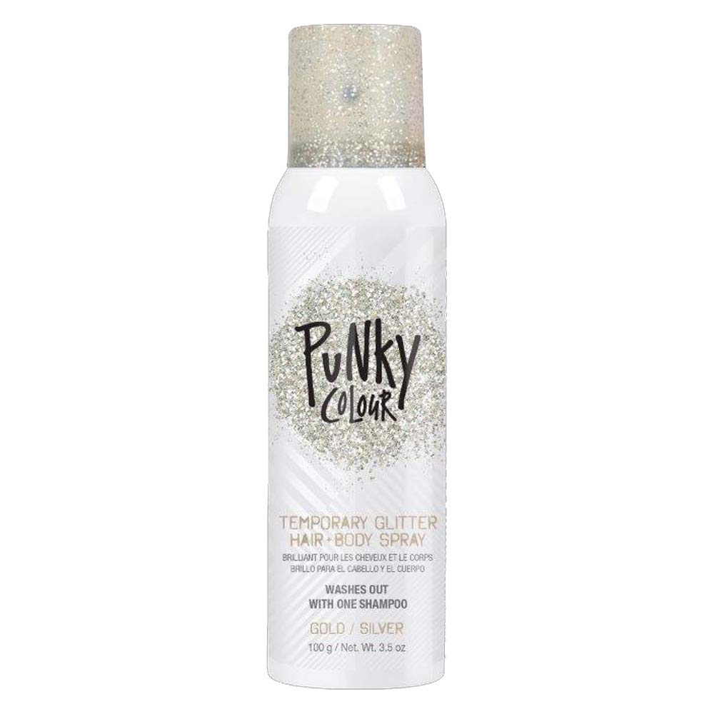 Jerome Russell Punky Glitter doré et argent, bouteille scintillante pour cheveux et corps.