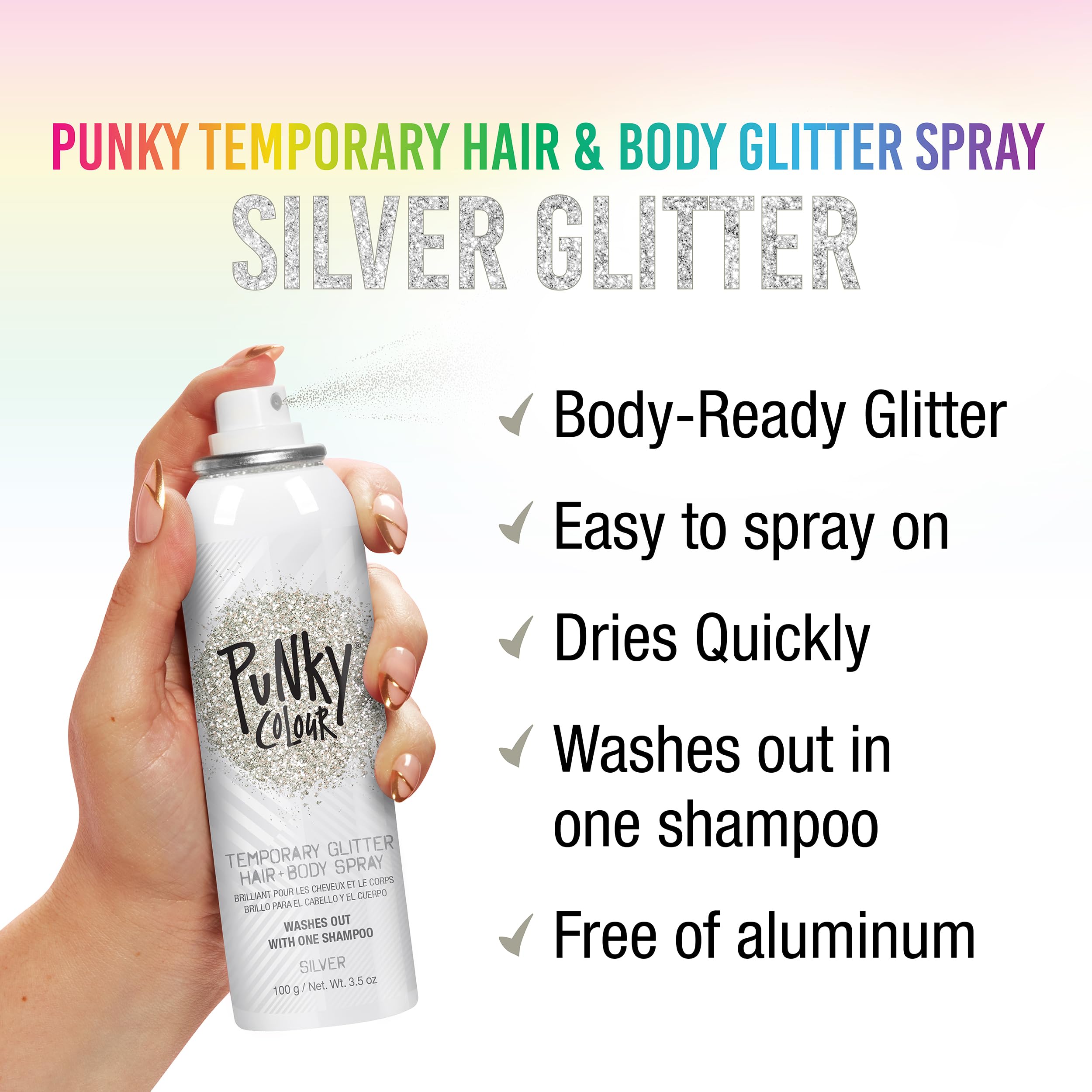Punky Paillettes Argent sur cheveux, brillance légère et rapide.