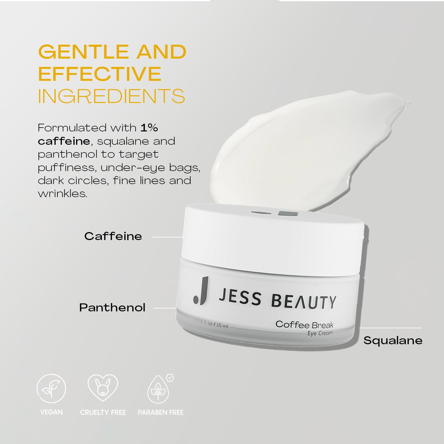 JESS BEAUTY Pause Café Crème Yeux ingrédients clés squalane et panthenol pour l’hydratation.