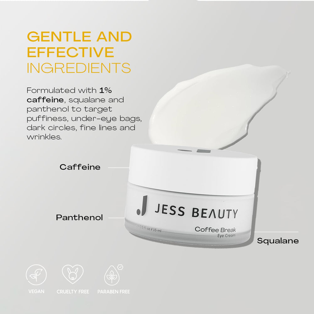 JESS BEAUTY Pause Café Crème Yeux ingrédients clés squalane et panthenol pour l’hydratation.