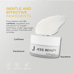 JESS BEAUTY Pause Café Crème Yeux ingrédients clés squalane et panthenol pour l’hydratation.